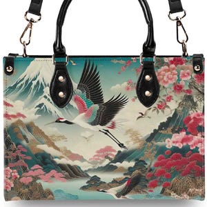 Bolso de mano de piel auténtica con diseño de grulla, cartera de mano con diseño de flor de cerezo, monedero de piel, bolso de mano con diseño floral oscuro, bolso de hombro de alta costura de lujo, idea de regalo, estilo bohemio