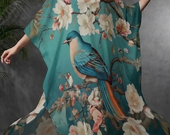 Chinoise Birds Kaftan Maxi Dress, Cherry Blossom Floral Caftan, Loungewear, Bohemian Gift for Mom