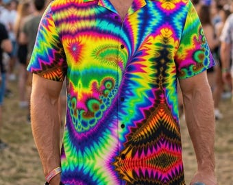 Psychedelic Cotton Hawaiian Shirt: Rainbow Fractal Tie Dye Aloha Button Up