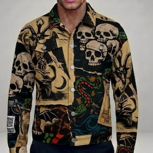 May include: A button-up jacket with a beige background and a collage of skull and occult-themed illustrations. The jacket features black buttons and a collar. The sleeves and front panels are covered in various images, including skulls, snakes, and other gothic imagery.