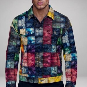 Könnte beinhalten: Eine mehrfarbige Jacke im Patchwork-Stil mit Knopfleiste und zwei Brusttaschen. Die Jacke zeigt eine lebendige Mischung aus Farben, darunter Blau, Rot, Gelb und Grün, angeordnet in einem quadratischen Muster. Das Model trägt eine schwarze Hose.