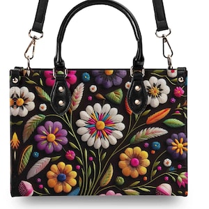 Bolso de mano de piel auténtica con flores oscuras, cartera con ramo de flores, monedero de piel, bolso de mano, bolso de hombro de alta costura de lujo, idea de regalo, bordado