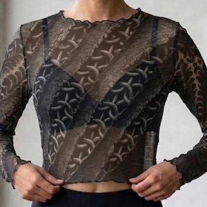 Schlitzketten Mesh Durchsichtig Langarm-Shirt Schiere Crop Top, Musik Interaktive Beschädigte Jugend Punk Rock