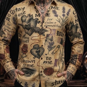 Könnte beinhalten: Beige Hemd mit Knöpfen und einer Collage aus Illustrationen und Text. Das Design umfasst Herzen, Rosen, Augen und Sätze wie "Drawn to me" und "Stay". Das Hemd hat lange Ärmel und einen klassischen Kragen.