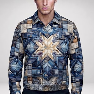 May include: A denim jacket with a geometric pattern in shades of blue, beige, and white. The jacket features a central starburst design and classic button-down front with two chest pockets. The jacket is worn by a person.