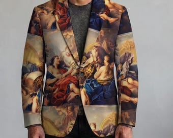 May include: A blazer featuring a repeating Renaissance-style oil painting print with figures in red and blue drapery. The jacket has a notched lapel, two front buttons, and long sleeves, worn over a plain gray crew neck shirt and black pants.
