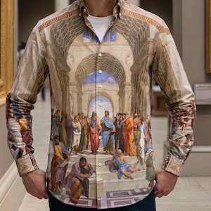 Chemise en coton style Raphaël, École d'Athènes, manches longues, boutonnée Oxford, cadeau idéal pour les amateurs d'art et de musées. Inspirée de l'histoire de la peinture, elle est parfaite pour les passionnés d'art et de beaux-arts.