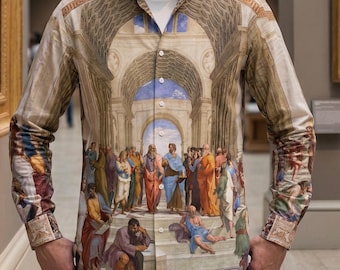 Raphael School of Athens Cotton Shirt Menswear Long Sleeve Oxford Button Down Fine Art Painting History Gift for Art Lover, Museum Gallery