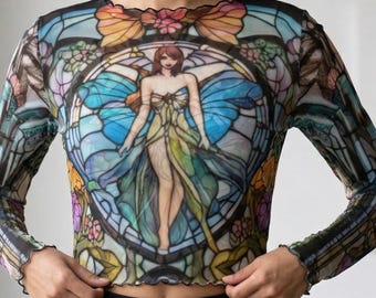 Stained Glass Fairy Mesh Shirt Long Sleeve Tattoo Skin Blouse See Thru Top Cropped  Crop Club Party Festival Floral Art Nouveau Sheer Blue