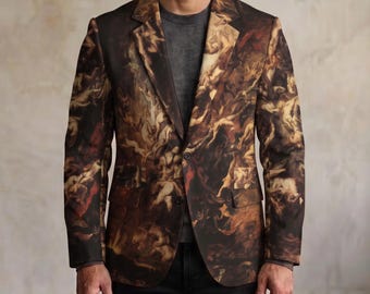 May include: A blazer featuring a dark, abstract, painterly print in shades of brown, black, and muted orange. The garment has a notched lapel, two front flap pockets, and a single-breasted button closure, worn over a plain dark gray shirt.