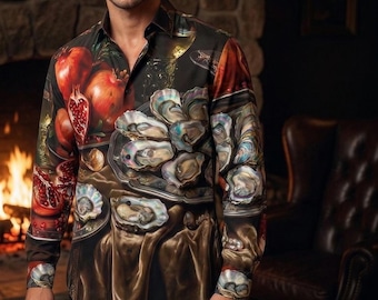 Pomegranate Oyster Men's Cotton Shirt, Long Sleeve Button Down Dress Shirt, Oxford, Gift, Streetwear ,Art Nouveau, Cocktail Statement Rococo