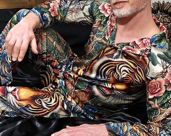 Tiger Tattoo Hawaiian Herren Satin Pyjamas Button Down Nachtwäsche Geschenk Herrenmode Loungewear Luxus PJ's Nachtwäsche Vatertag Floral Rockabilly