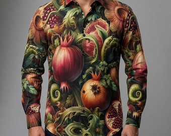 Pomegranate Venus FlyTrap Floral Men's Cotton Shirt, Long Sleeve Button Down Dress Shirt, Oxford, Gift, Streetwear ,Art Nouveau, Statement