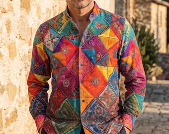 Argyle Patchwork Mens Cotton Dress Shirt Button Up Oxford Long Sleeve Gift for Man, Streetwear Menswear Plaid Colorful Boho Streetwear Red