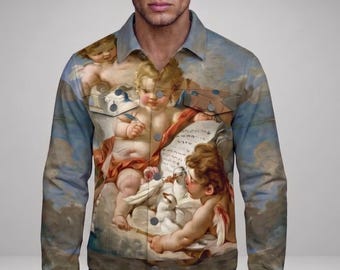 May include: A light blue denim jacket featuring a Renaissance-style painting of cherubs on a cloudy background. The jacket has a button-down front and long sleeves. The artwork depicts several cherubs with a scroll.