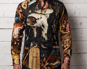 Hieronymus Bosch Garden of Earthly Delights Right Panel Cotton Shirt Menswear Long Sleeve Oxford Gothic Fine Art Painting Gift for Art Lover