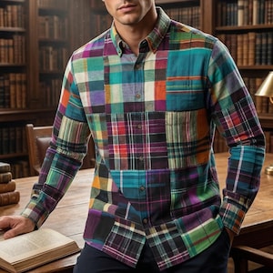 Peut inclure: Une chemise à manches longues avec un motif patchwork. La chemise présente une variété de motifs à carreaux dans des tons de turquoise, de violet, d'orange et de vert. La chemise est portée par une personne dans une bibliothèque.
