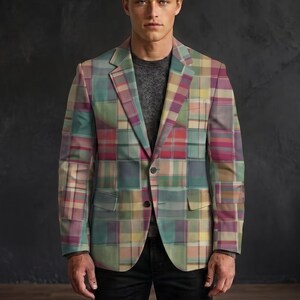 Muted Madras Patchwork Plaid Mens Sports Coat Blazer Suit Jacket  Pink Blue Country Club Preppy Checkerboard Windowpane Tartan Gift Pastel