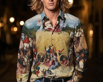 May include: A long-sleeved button-down shirt featuring a detailed, colorful print of a historical painting depicting a chaotic scene with figures and a hay wagon, paired with blue denim jeans and a black leather belt with a silver buckle.