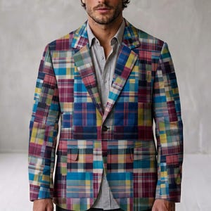 Navy Cotton Madras Patchwork Plaid Mens Sports Coat Blazer Suit Jacket Burgundy Teal Blue Country Club Preppy Windowpane Tartan Blackwatch