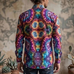 Psychedelic Tie Dye Mens Cotton Shirt, Long Sleeve Button Up Oxford Mans Dress Shirt Geode Trippy Hippie Mans Rave Festival