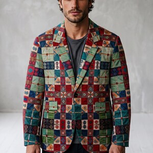 Green Madras Geometric Plaid Mens Sports Coat Blazer Suit Jacket Red Country Club Preppy Patchwork Tartan Gift Blackwatch Argyle Abstract