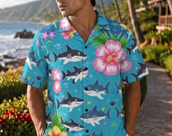 Camisa masculina havaiana retrô com estampa floral de tubarão, em algodão, com botões, manga curta, ideal para resorts, festas tropicais, boliche e rockabilly. Ótima opção de presente para homens.