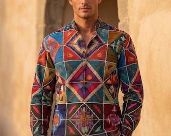 Baroque Argyle Mens Cotton Dress Shirt Button Up Oxford Long Sleeve Gift for Man, Streetwear Menswear Blue Red Bohemian Patchwork Plaid Boho