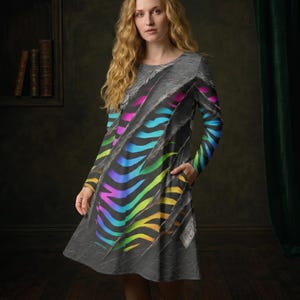 May include: A gray long-sleeve dress with a unique design. The dress features a torn fabric effect revealing a vibrant rainbow zebra stripe pattern. The dress has pockets and a round neckline.