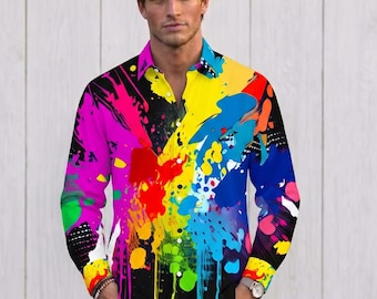 Camisa de algodón con estampado de salpicaduras de pintura, camisa de vestir para hombre, manga larga con botones, regalo para hombre, ropa urbana para hombre, arte pop, hecha a mano, club, fiesta