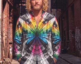 Psychedelische tie-dye katoenen herenshirt, lange mouw button-up Oxford paars overhemd trippy hippie, op-art, rave festival cadeau, retro