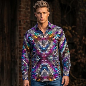 May include: A long-sleeve button-down shirt with a vibrant, iridescent pattern. The shirt features a kaleidoscope of colors, including purple, blue, green, and yellow, creating a textured, scale-like design. The shirt is paired with blue jeans.
