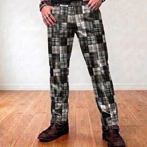 Könnte beinhalten: Lange Hose mit einem Patchwork-Design aus verschiedenen schwarzen, weißen und grauen Karomustern. Die Hose verfügt über einen Standardbund mit Gürtelschlaufen, einen Knopfverschluss vorne und einen geraden Schnitt, der bis zu den Knöcheln reicht.