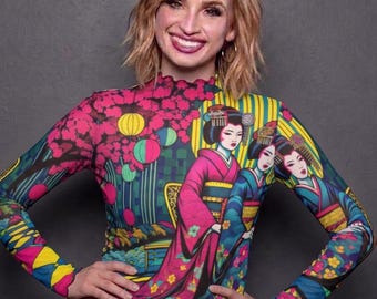 Pop Art Geisha Girl Mesh See Thru Top Blouse Long Sleeve Shirt Sheer, Gift, Club, Rocker, Festival, Neon Beatnik Vibrant Rockabilly