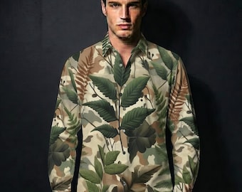 Leaf Branches Camouflage Cotton Shirt Mens Dress Shirt Long Sleeve Button Down Camo Print Lodge Gift for Man Casual Fall Woods Forest