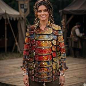 May include: A button-down shirt with a colorful, medieval armor design. The shirt features a pattern of overlapping plates in shades of red, yellow, blue, and gold. The long-sleeved shirt has a classic collar and cuffs.