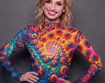 Fraktal Psy Netz Top Shirt, Rave Langarm See Thru Bluse