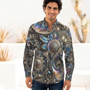 Psychedelic Repoussé Mens Dress Shirt, Cotton Button Down, Gift for Man, Trippy Menswear, Baroque, Handmade Psychedelic Rave Festival Psy