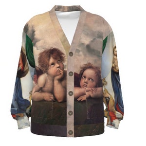 Cherub Sweater Angel Cardigan Raphael Madonna Renaissance Baroque V-neck Knitted Fleece Unisex Gift , Thinking Angels, Putti Sistine Chapel