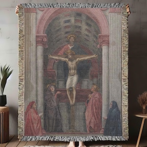 Masaccio &quot;Holy Trinity&quot; Christ Cotton Woven Blanket,  Jesus Throw Cover Blanket Shawl,Renaissance Decor Tapestry  Art, Made in U.S.A , Gift