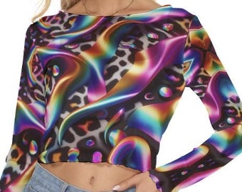 Rainbow Leopard Mesh Shirt Long Sleeve Tattoo Skin Blouse See Thru Top, Cropped Purple Crop, Club Party Festival Couture Psychedelic Rave