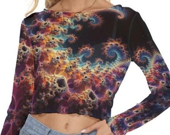 Fractal Trippy Mesh Shirt Long Sleeve Tattoo Skin Blouse, See Thru Top Cropped Crop Club Party Festival Couture Rave Psychedelic Gift Hippie