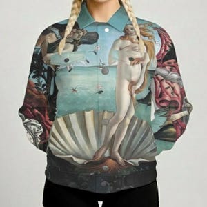 Botticelli Birth of Venus Lightweight Cotton Denim Jean Style Jacket, Fringe Faux Pockets, Unisex Streetwear Renaissance Mythology Fine Art