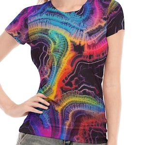 Blusa transparente de malha fractal, camisa de manga curta, camiseta transparente, camiseta para rave, clube, motociclista, festival, presente, praia sexy, psicodélico, neon, arco-íris