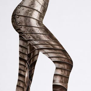 May include: Leggings with a detailed print of medieval armor, featuring a metallic silver and brown color scheme. The leggings have a high waist and a form-fitting design, creating a realistic illusion of wearing armor. The overall theme is fantasy and cosplay.