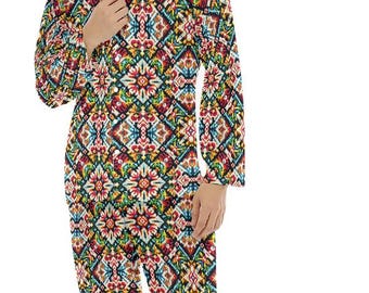 Pijama de satén para hombre con bordado escandinavo, abotonado, ropa de dormir, regalo, ropa de estar por casa para hombre, pijamas de lujo, ropa de dormir, Día del Padre, estilo psicodélico.