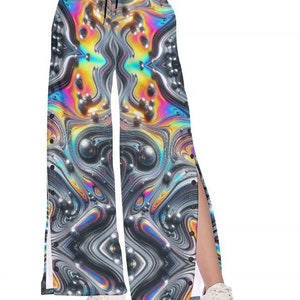 Psychedelic Lava Side Slit Wide Leg Pants, Skateboard Sweatpants, Women&#39;s Side Slit Snap Button Trousers, Rave, Festival, Rainbow Liquid