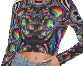 Psychedelic Mesh See Thru Top Blouse , Second Skin Tight Shirt, Sheer, Gift,, Club, Biker, Top, Rocker, Festival Rave Dance. Crop Rainbow