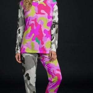 Ensemble pyjama confortable à manches longues en coton camouflage rose vif pour femmes, cadeau pour elle, patchwork camouflage