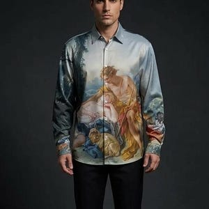 Camisa de satén de manga larga con botones, estilo Oxford, con estampado gótico, mitología y motivos románticos victorianos, de Boucher, ideal para amantes del arte, con motivos de Daphnis y Chloe.